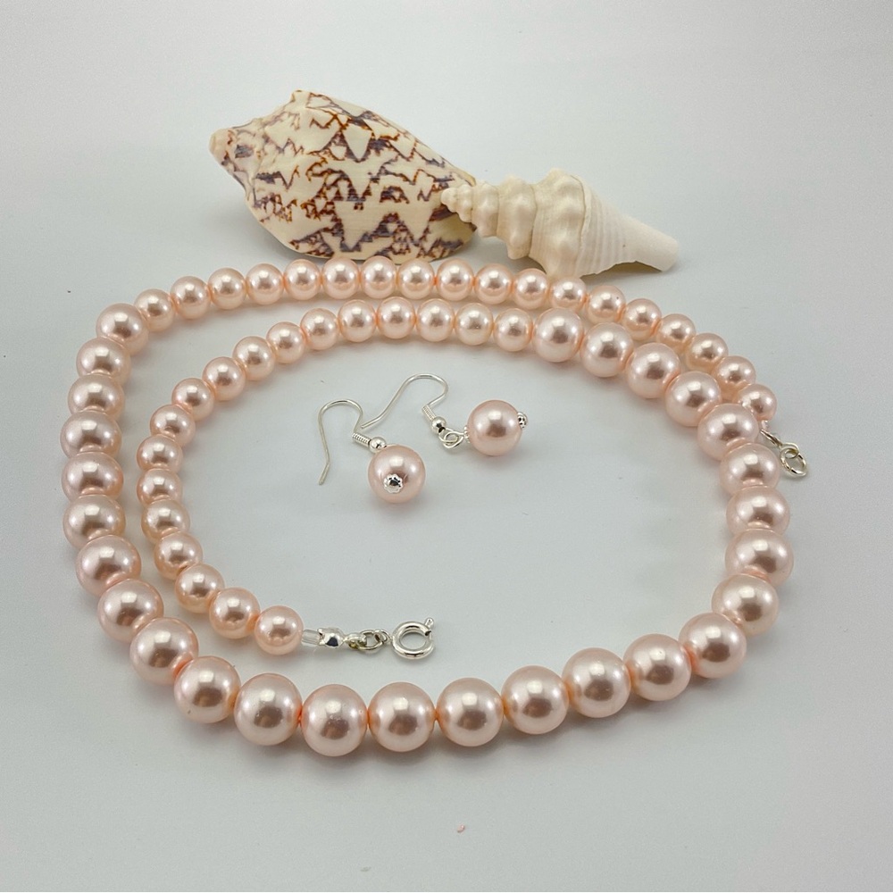 Light Pink Faux Pearl Necklace & Earring Set, Handmade, Pastel, Classic - Picture 3 of 14